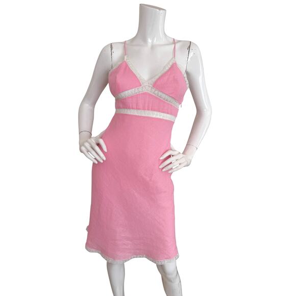Miguelina Pink Linen Lace Trim Mini Dress - Picture 1 of 5